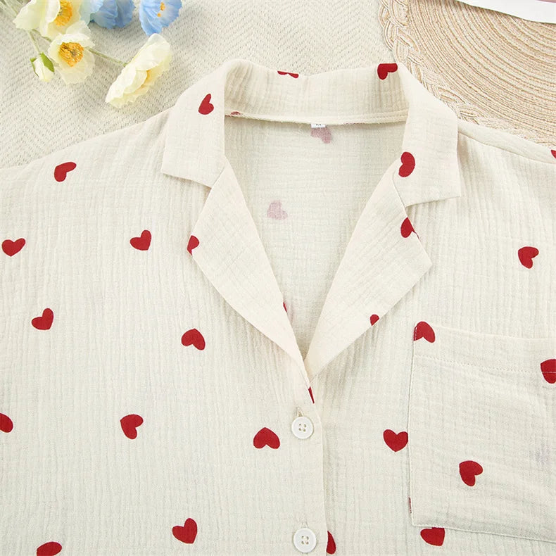 Summer New Love Heart Print Pyjama 100% Cotton Long Sleeve Set 2Pcs Outfit Lapel Sleepwear Button Down Women's Pajamas Nightwear - Smarsty