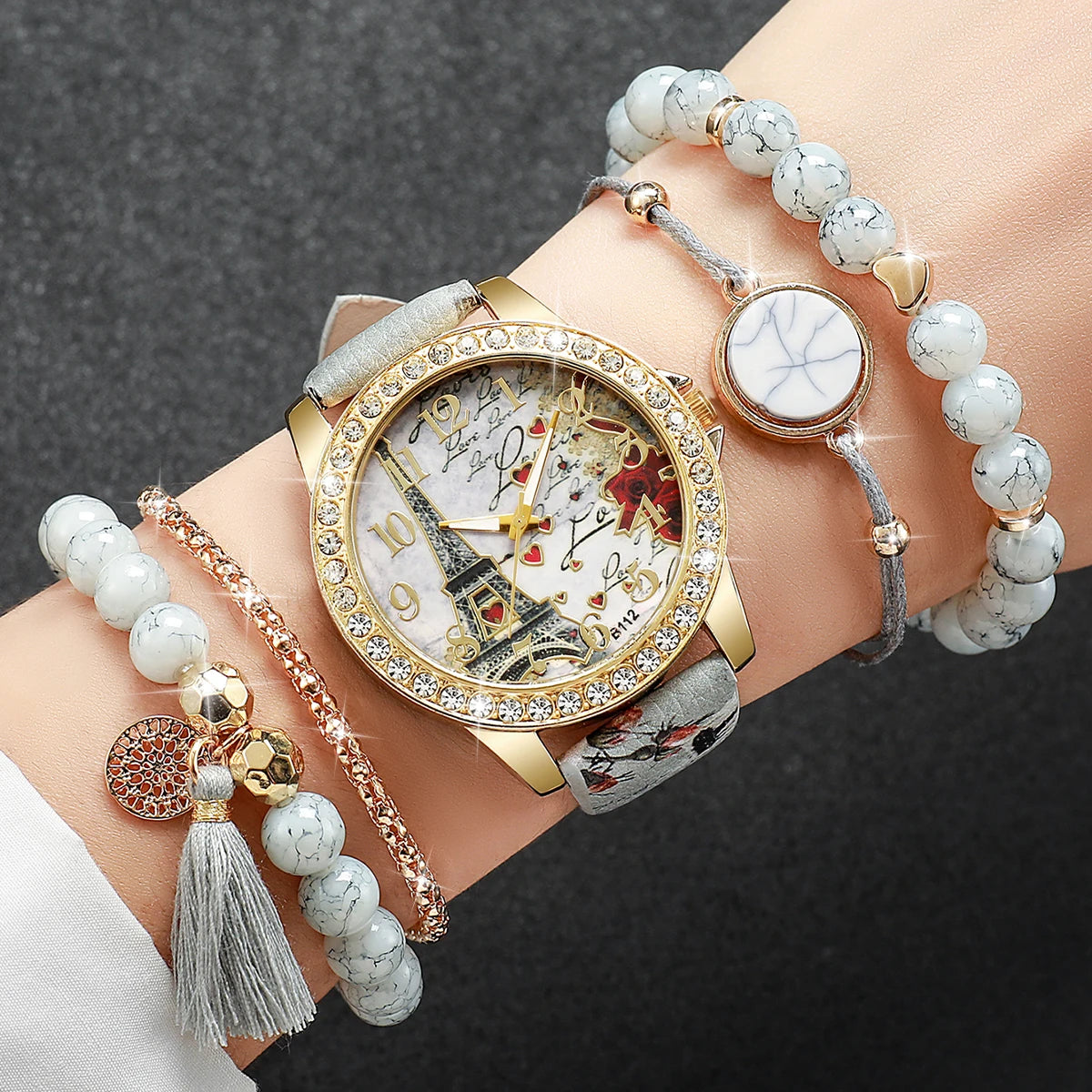 Fashion Rhinestone Women's Quartz Watch Set with Floral Design - Smarsty