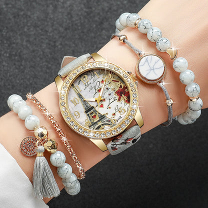 Fashion Rhinestone Women's Quartz Watch Set with Floral Design - Smarsty