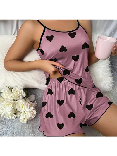 Women's Pajama Set Pajamas T-Shirts Shorts Pink Heart-Shaped Print Round Neck T-Shirt Ice Silk Top Comfortable Casual Summer ﻿ - Smarsty