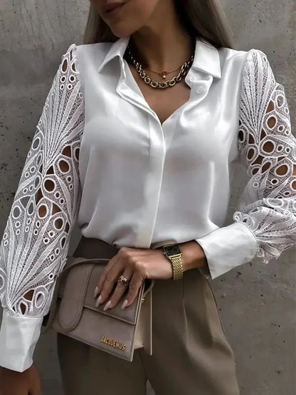 Women's Blouse White blank Elegant V-neck Lace Sleeve Cut-out Patchwork Office Commuter Black Shirt For Female - Smarsty