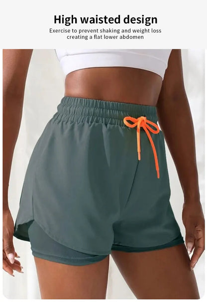 Women's High Rise Yoga Shorts With Elastic Proximity Control Running Shorts, Fake Two Pieces Pants - Smarsty