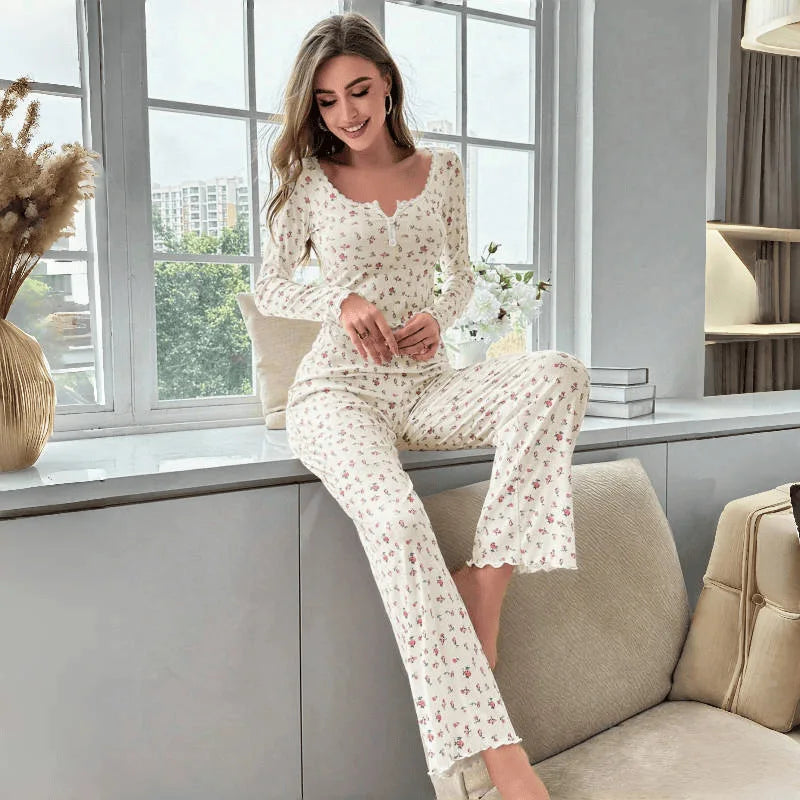 Sleepwear Women Floral Print Lettuce Trim Top with Long Pant Lovely Loungewear Full Sleeve Nightwear Spring Autumn Pajamas Set - Smarsty