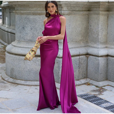 Sexy Satin Ribbon Party Dress Women Elegant Halter Backless Off Shoulder Sleeveless Female Dresses 2024 Summer Solid Robe Gown - Smarsty
