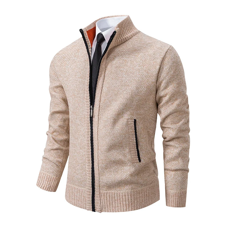 Autumn And Winter New Jersey Men's Casual Sports Coat Solid Color Stand Collar Wweater Grab Fleece Warm Zipper Cardigan - Smarsty