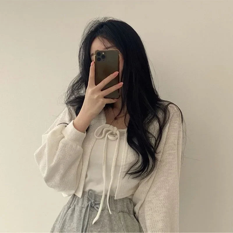 White Knitted Cardigan for Women Summer Thin Sunscreen Lace-Up Knitwear Tops Female Fashion Korean Lantern Sleeve Short Coat - Smarsty