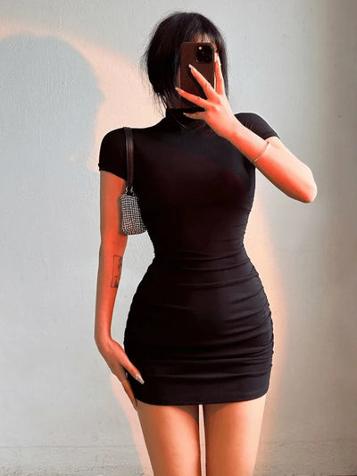 Sexy Tight Half High Collar Pleated Waist Mini Dress Spicy Girls Slim Dresses Bodycon Women Vestidos Cortos Party Mujer Clothing - Smarsty