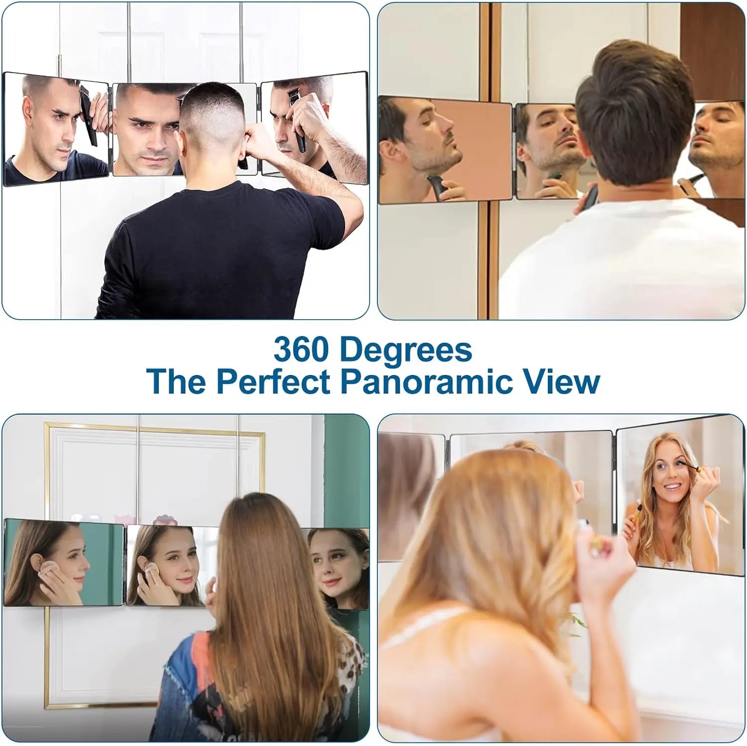 Black Portable 360 Trifold Makeup Mirror with Adjustable Hooks - Smarsty