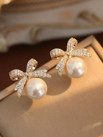 Elegant Pearl Bow Knot Earrings With Diamond Accent - Smarsty