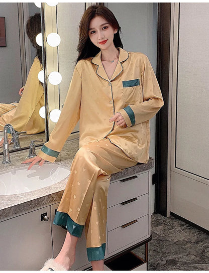 Top Autumn New Ice Silk Women Pajama Lapel Button Cardigan Outfits for Women 2 Piece Set Fashion Printing Set Clothes for Women - Smarsty