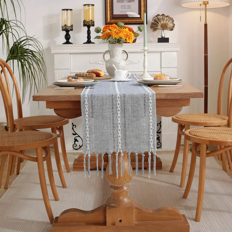 Boho Green Table Runner with Rustic Tassels - Smarsty