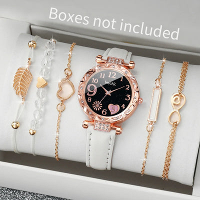 Fashion Heart Dial Women's Watch Set with Leather Band - Smarsty