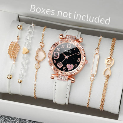 Fashion Heart Dial Women's Watch Set with Leather Band - Smarsty
