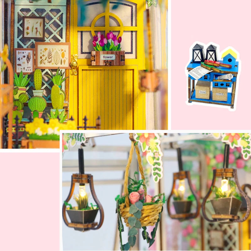 Wooden Flower Garden Doll House DIY Garden House Book Nook Shelf Insert 3D Puzzle Assembly Building Bookshelf With LED Lights