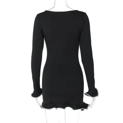 Dulzura O-Neck Long Sleeves Ruffles Patchwork Bodycon Mini Dress Sexy Elegant Outfit Party Club Streetwear Autumn Winter Clothes