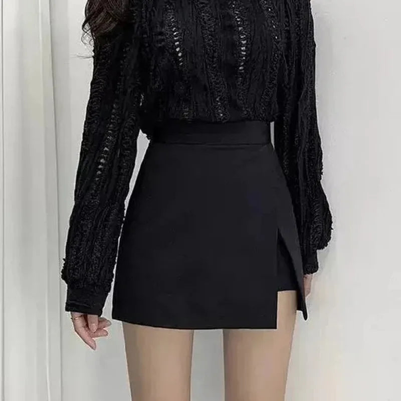Black Mini Skirts Women Irregular Side Slits High Waist A Line Shorts Skirts Summer Korean Fashion Chic Hip Wrap Skirt Female - Smarsty