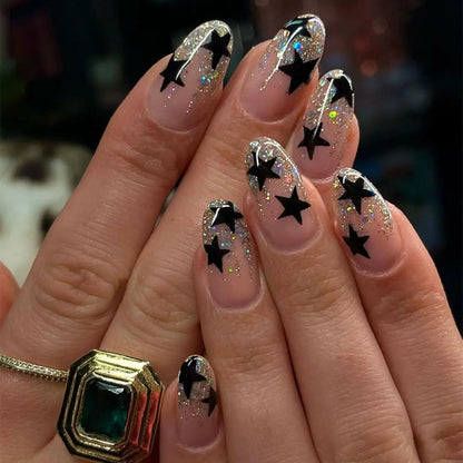 Stiletto Press On Nails Set with Black Silver Bowknot - Smarsty