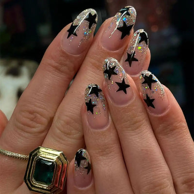 24PCS Medium Pink Black French Tip Press On Nails - Smarsty