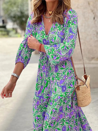Women's Autumn New Fashionable Printed Sexy V-neck Long Sleeve High Waist Elastic Waist Medium Length Bohemian Dress - Smarsty