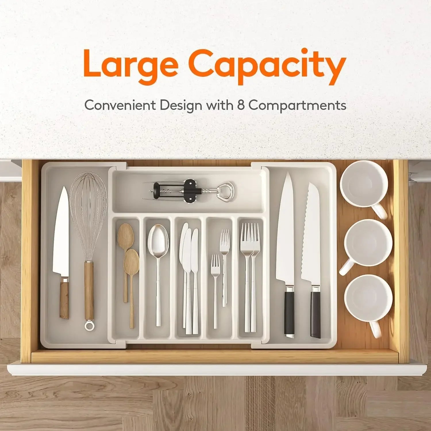 Adjustable Kitchen Storage Organizer Tray – Plastic Multifunctional Drawer Organizer for Kitchen Counter Utensils