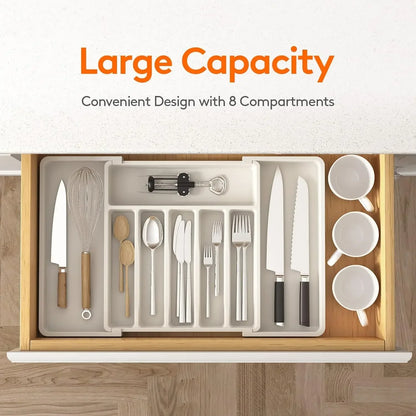 Adjustable Kitchen Storage Organizer Tray – Plastic Multifunctional Drawer Organizer for Kitchen Counter Utensils