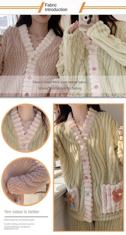 Thickened Warm Flannel Women Sleepwear Loungewear Cardigan Suit Winter Sweet Kawaii Soft Fairy Wind Ladies Pajamas Homewear - Smarsty