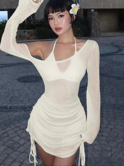 Dulzura Solid Skew Collar Ruched Straps Lace-Up See Through Draw String Mini Dress 2023 Summer  Women Party Clubwear Wholesale - Smarsty