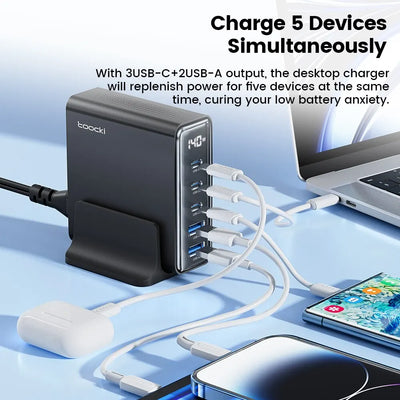GaN USB Charger 140W 5in1 Desktop with LED Display Ports - Smarsty
