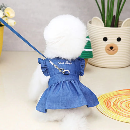 Cute Denim Dress for Small Dogs with Leash Ring - Smarsty