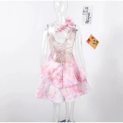 Backless Party Dress Women Elegant 3D Flower Print Sling Lace Up Ruffle A-line Mini Evening Dresses Female 2025 Summer Swimwears - Smarsty
