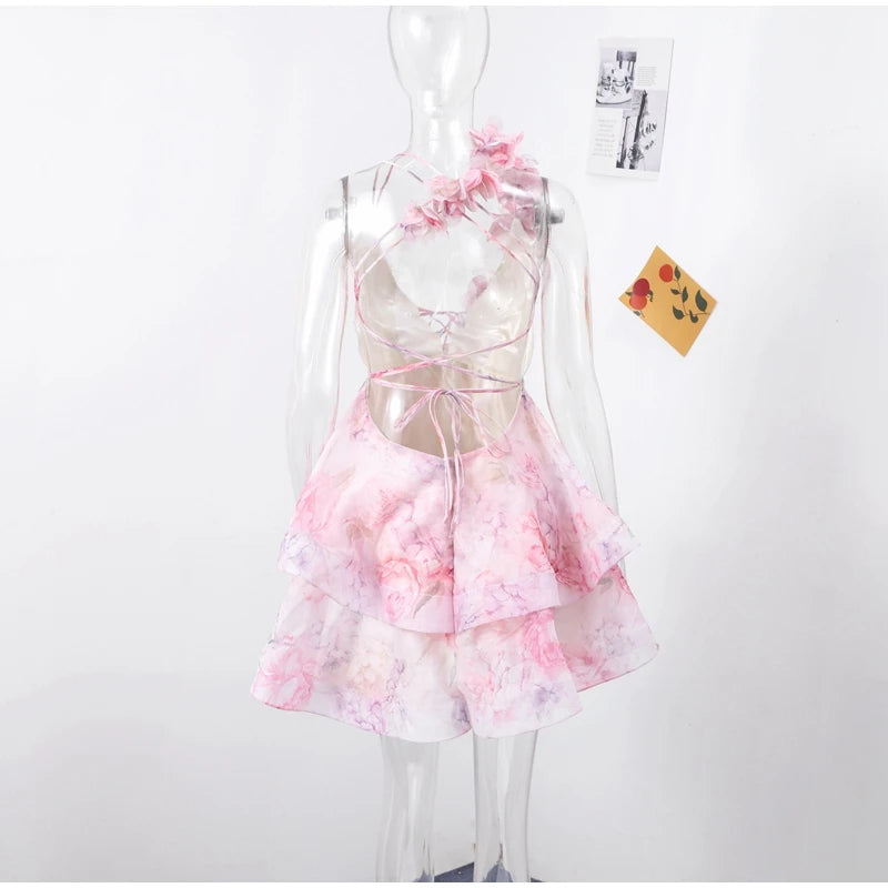 Backless Party Dress Women Elegant 3D Flower Print Sling Lace Up Ruffle A-line Mini Evening Dresses Female 2025 Summer Swimwears - Smarsty