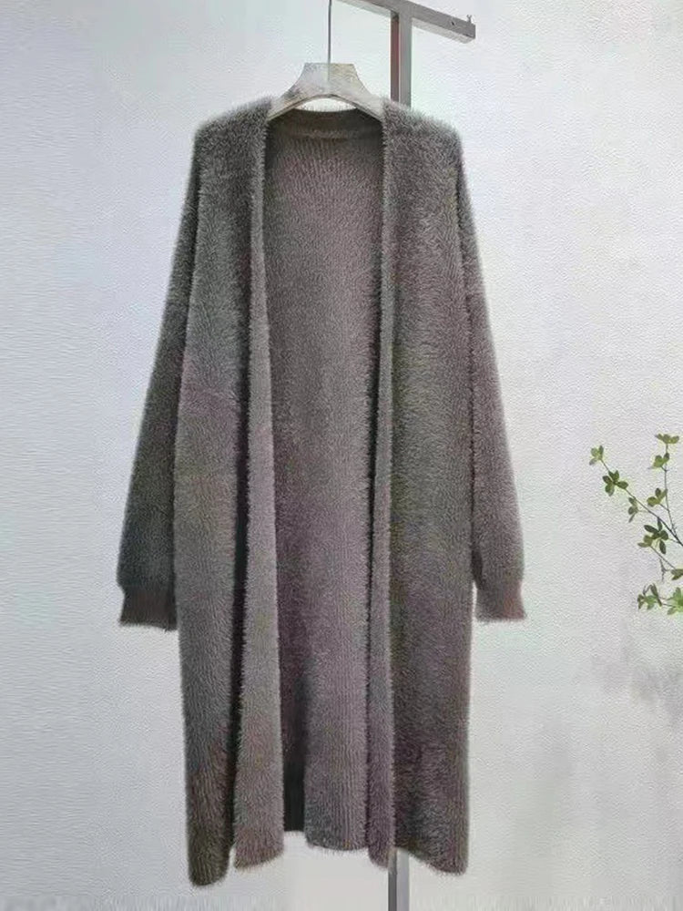 Autumn/Winter Lazy Style Warm Knee Length Thickened Women Cardigan Pure Imitation Mink Fleece Knitted Sweater Women Warm Coat - Smarsty