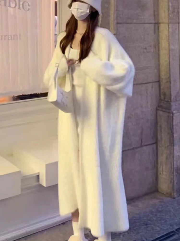Autumn/Winter Lazy Style Warm Knee Length Thickened Women Cardigan Pure Imitation Mink Fleece Knitted Sweater Women Warm Coat - Smarsty