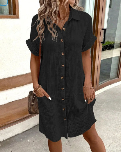 Women's Fashion Summer Minimalist V-neck Button Up Dress Woman Cotton Linen White Short Sleeved Pocket Casual Loose Shirt Dress - Smarsty