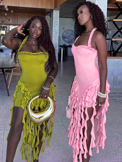 Dulzura Sleeveless Halter Ruffles Patchwork Mini Dress Women’S Solid Sexy Outfit Prom Party Clubwear Autumn Winter Clothes - Smarsty