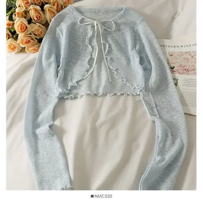 Women Frenum Cardigan Blouses and Tops Bow Lace Up Long Sleeve Crop Top Female Elegant Shirt Thin Aesthetic Clothes Korean Style - Smarsty