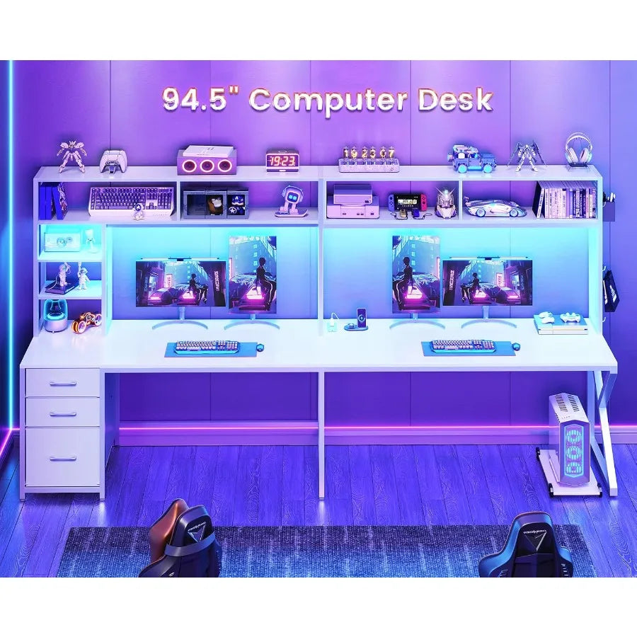 Corner Computer Desk Convertible 94.5 Gaming Desk with Storage Drawers Hutch and Pegboard L Shaped Office Desk with Power Outle