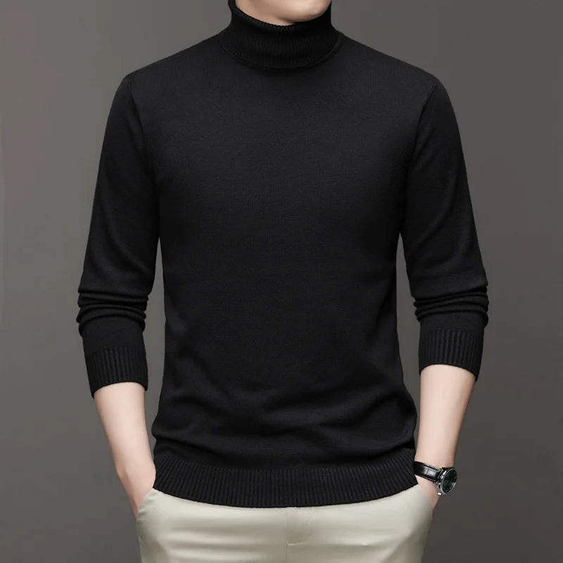 Autumn Mens High Quality Knitted Turtleneck Sweater Slim Fit Long Sleeve Anti-pilling Pullover Solid Color Trend Men Streetwea - Smarsty