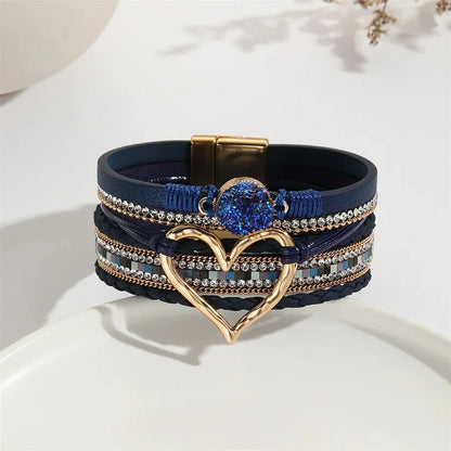 Women Leather Heart Charm Bracelet Rhinestone Wrap - Smarsty