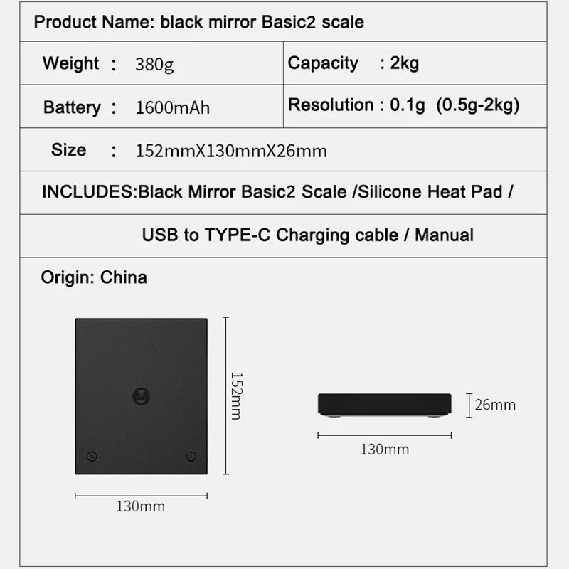 Timemore Basic 2 Black Mirror Coffee Scale with Auto Timer - Smarsty
