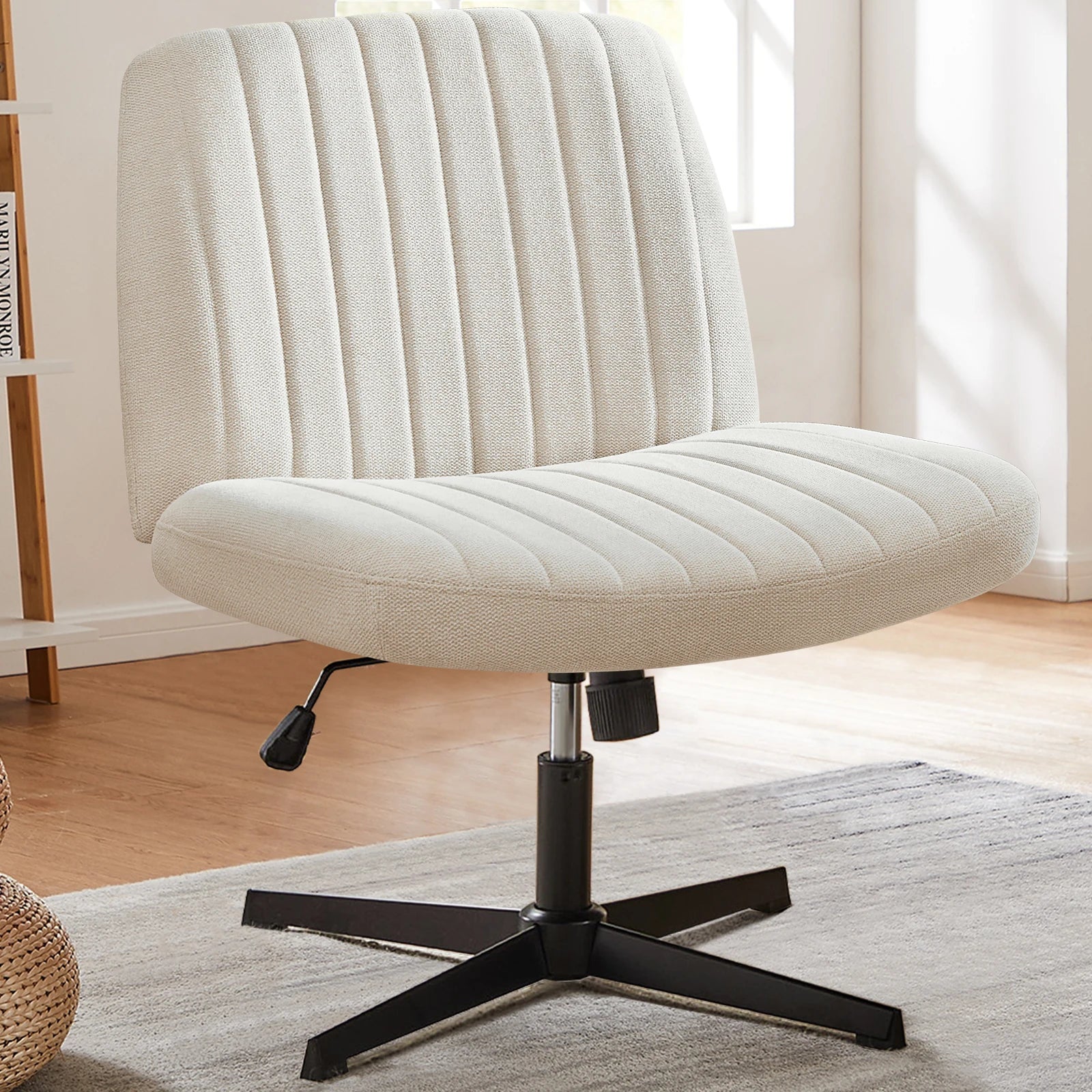 Cross Legged Office Living Room Rocking Gaming Chair Armless Wide Desk Adjustable Swivel Fabric Task Vanity Home Office