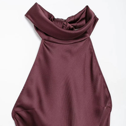 TRZA-Women's Long Satin Halter Dress, Backless, Bow Tied, Back Zipper, Female Dresses, Sexy Fashion - Smarsty