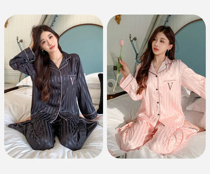Women's Ice Silk Pajama Set Long Sleeve Long Pants Lightweight Sleepwear for Spring And Autumn Comfortable Homewear Pj Set - Smarsty