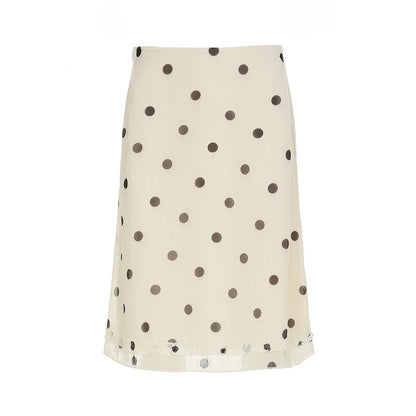 BIIKPIIK Casual Women Polka Dot Skirts Lettuce Trim Beige Elegant Midi Skirts Streetwear Simple All-match Bottom Clothing Spring - Smarsty