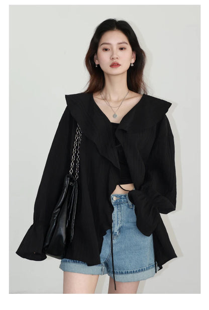 CHIC VEN Women Shirt Loose Casual Ruffled Edges Female Blouses V Neck Lace Up Mid Length Woman Shirts Spring Summer 2024 - Smarsty