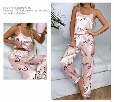 Women Satin Silk Pajamas Sets Letter Print Cami Vest Shirt With Trouser Sleepwear Ladie Sexy Pajama Lingerie Pyjamas Nightwear - Smarsty