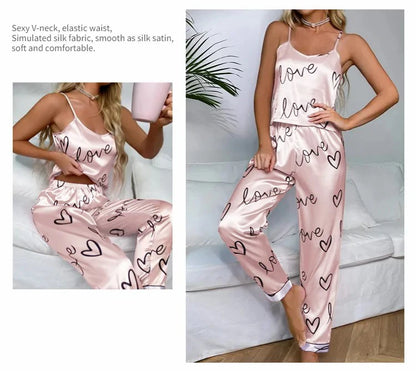 Women Satin Silk Pajamas Sets Letter Print Cami Vest Shirt With Trouser Sleepwear Ladie Sexy Pajama Lingerie Pyjamas Nightwear - Smarsty