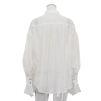 Tossy Casual Loose See-Through Shirts Women's Autumn Lapel Long Sleeve Patchwork Blouse Top Streetwear Female Solid Shirts Top - Smarsty