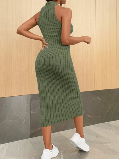 Solid Halter Neck Bodycon Midi Dress High-end temperament vest halter dress women's summer new high-waist slim temperament slim - Smarsty