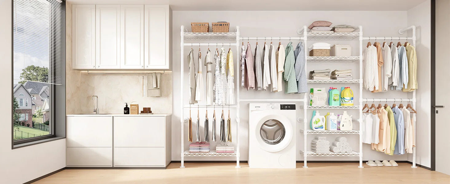 L4 Wall Mounted Industrial Pipe  Clothes Rack, Closet Organizer System with Rods Expandable, Clothing Rack, Corner Garment Rack